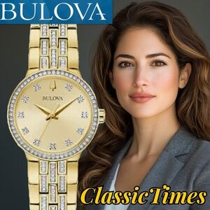 ***BRAND NEW*** Bulova Womens Crystal Accent Gold Tone Stainless Steel